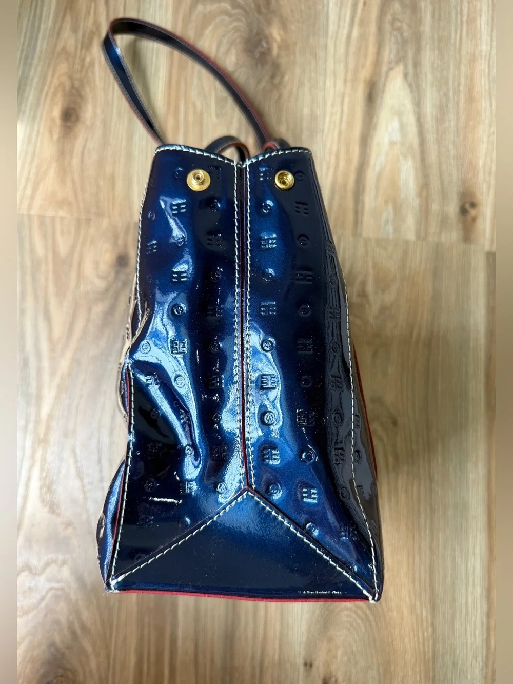 Arcadia Made in Italy Navy Blue Patent Leather Embossed Satchel Tote Bag